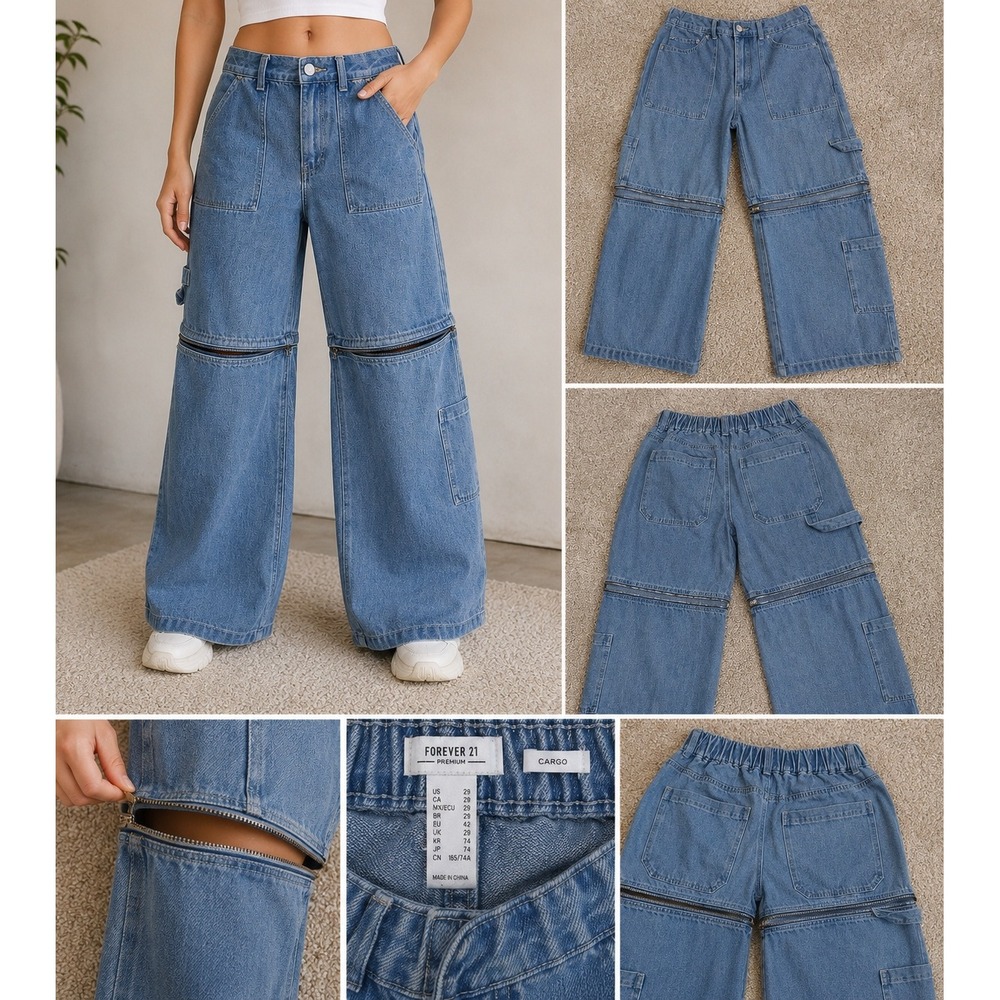 Forever 21 Jeans Convertible Zip‎ Off Cargo Wide Leg Light Wash Utility Denim 29